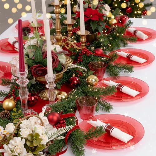 DaYammi 210PCS Red Glitter Plastic Dinnerware Set for 30 Guests - Image 3