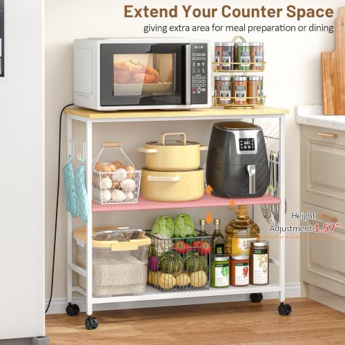 3 Tier Rolling Kitchen Microwave Cart, 33 Inch Microwave Table Stand with Adjustable Shelf, Kitchen Storage Island Utility Cart on Wheels, Bakers Rack Coffee Bar for Living Room, Office, White - Image 3