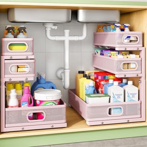 Kitstorack Under Sink Organizer, 2-Pack 3-Tier Height Adjustable Thickened Metal Pull out Cabinet Organizer Shelf, Slide out Storage Drawer Rack for Bathroom Kitchen Pantry Home Organization, Pink by Kitstorack