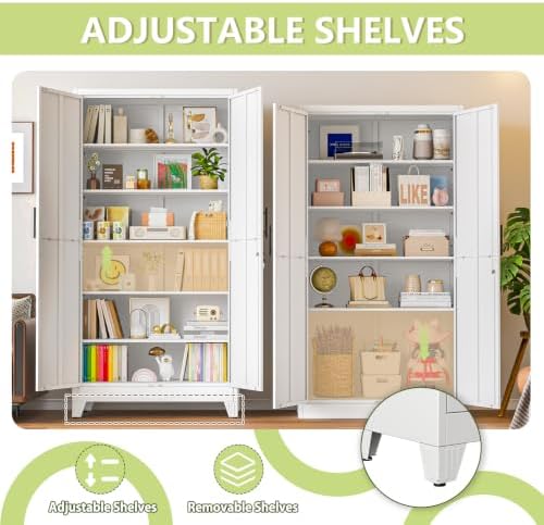 White Kitchen Pantry Cabinets,79 Metal Lockable Storage for Office - Image 4