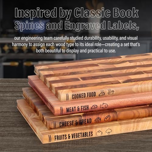 4Pcs Book Cutting Board Set with Stand - The Cutting Board Library, Solid Wood Book-Shaped Boards for Serving & Display, Labeled for Meat & Fish, Bread & Cheese, Cooked Food, Fruits & Vegetables - Image 5