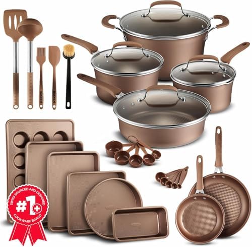 Pots and Pans Set, 23-Piece Non Stick Cookware & Bakeware Sets with Plaid Pattern, Stackable Design, Dishwasher Safe, Stain-resistant, Oven & All-Stove Safe, Tempered Glass Lid, Golden by BAKK%C3%8BNMASTER