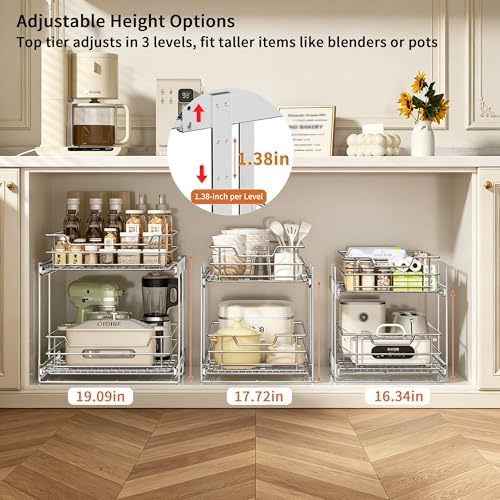 EZKAZA Pull Out Cabinet Organizer for Kitchen Utensil 14.5" W x 21" D, 2-Tier Cabinet Pullout Shelves and Drawer Organizer Slide Out Pantry Storage Basket, Bottom Basket 13.2" W x 20.4" D x 4.7" H - Image 5