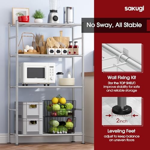 Sakugi Storage Shelves - 4 Tier Shelf Organizer, Heavy Duty Garage Shelving Unit with Leveling Feet, Stable Metal Shelves Organizer for Pantry, Kitchen and Closet, 33.0" W x 12.6" D x 57.2" H, Silver - Image 5