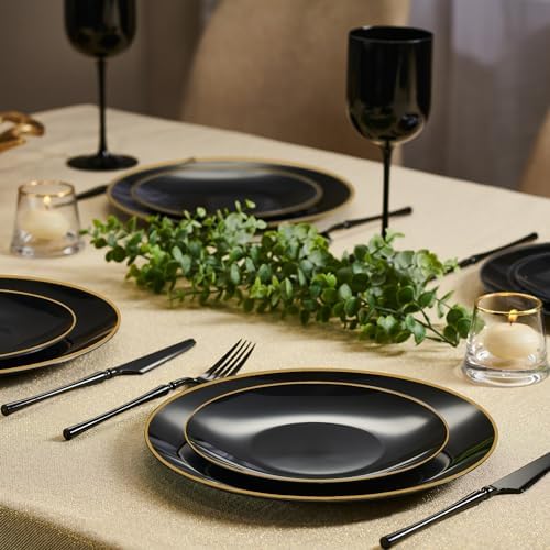 PLASTICPRO 64 Piece Combo Plate Set includes 32-7'' inch & 32-10'' inch Dinner Plates Black Plastic With Gold Rim Design Party Plates, Premium heavyweight Elegant, Disposable Plastic Construction - Image 3