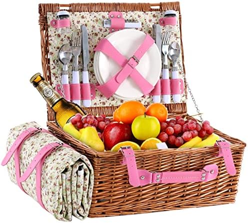 Picnic Basket for 4 with Waterproof Blanket, Pink Flower by HYBDAMAI