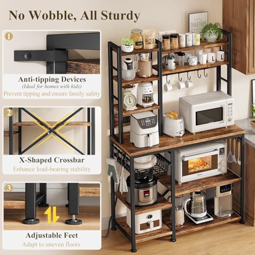 SNTD 6-Tier Bakers Rack with Power Outlets, 36 x 14.6 x 72 in, Rustic Brown - Image 4