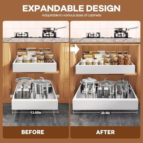 Seinloes 6 Pack Expandable Pull Out Cabinet Organizer 21"Deep With Raising Pad for Framed Cabinets,Slide Out Drawers With 4pcs Divider Racks,No Drill Roll Out Shelf,Adjustable Width 12.05"-20.4"White - Image 3