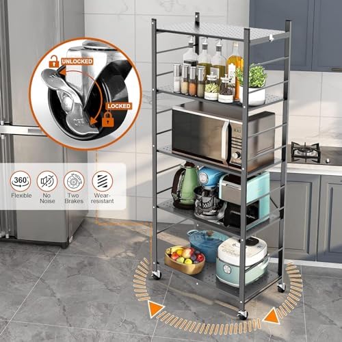 Himix 5-Tier Foldable Storage Shelves with 20 Hooks Wheels Grey Display - Image 4