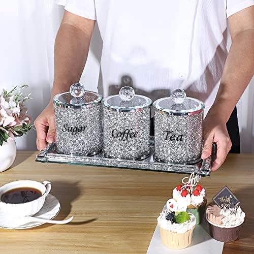 JUXYES Crushed Diamonds Canisters Set for Sugar Coffee Tea Features Tray - Image 3