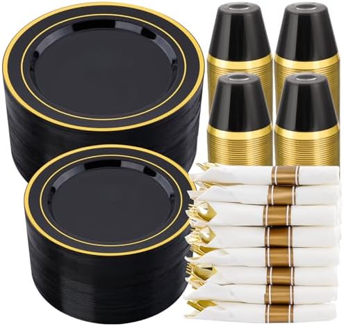 realluck 350 PCS Black Plastic Dinnerware Set for 50 Guests, 100 Disposable Plates for Party, 50 Pre Rolled Napkins with Gold Silverware, 50 Cups for Graduation by Realluck
