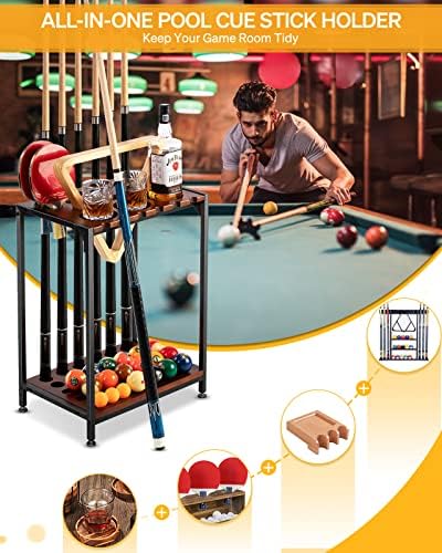 EXTCCT Pool Cue Rack Floor Stand, Metal & Wood, 12 Cues & Ping Pong, Brown - Image 5