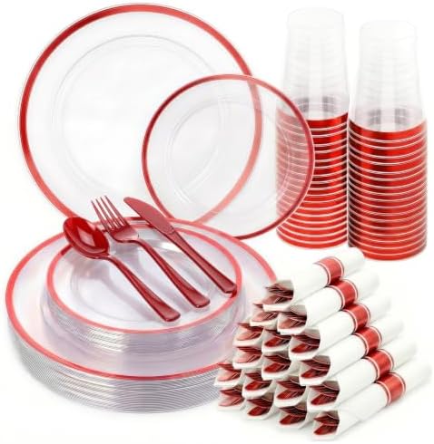 Clear Red Plastic Plates Dinnerware Sets for 175PCS 25 Guests by cheerserve