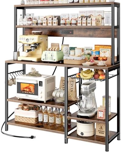 SUPERJARE Bakers Rack with Power Outlet, 47.2 Inches Coffee Bar with Basket by SUPERJARE