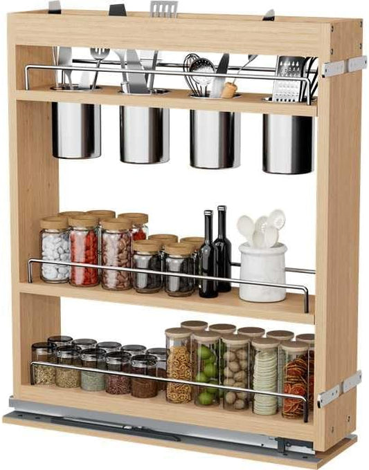 DINDON Pull Out Spice Rack Cabinet Organizer, (5" W x 21.9" D x 25.2" H) Multi-Use Soild Wood Pull Out Cabinet Organizer With 4 Movable Stainless Steel Cutlery Storage Buckets for Kitchen Organization by DINDON