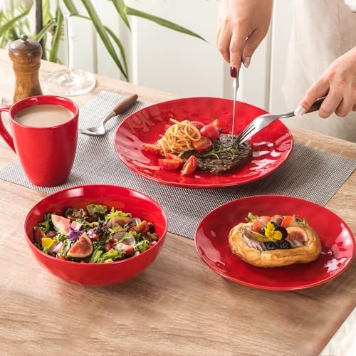 vicrays Ceramic Dinner Plates Set, 10 Inch, Microwave, Oven, Dishwasher Safe, Round, Porcelain Fluted Suitable for Steak, Pasta, Pizza, Home, Restaurant - Set of 6 Red - Image 3
