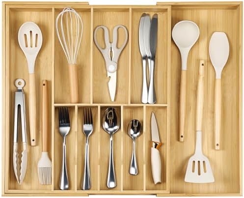 Fabsome Silverware Organizer for Cabinet Drawer, Expandable from 16.7'' to 30'' Wide Bamboo Wood Flatware Tray for Large Kitchen Drawers, Cutlery Utensil Holder by Fabsome