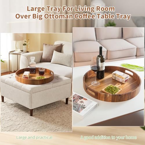 Large Ottoman Tray, 22" Big Ottoman Tray for Living Room, Large Serving Tray with Handles for Coffee Table Kitchen Counter,Great Round Wooden Trays with 4 Round Coasters for Appetizers, Dinner - Image 3