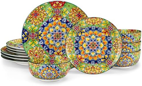 vancasso 12 Pieces Dinnerware Sets, Green Plates and Bowls Set, Porcelain Dishes Set for 4, Microwave and Dishwasher Safe, Scratch Resistant, Bohemian Style Dining Ware Service for 4, Series SIMI by vancasso