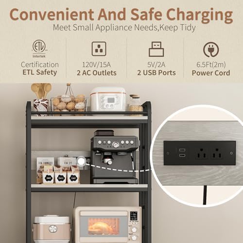 METYERRY Microwave Stand with Storage, 4-Tier Kitchen Bakers Rack with Power Outlet and USB Charging Ports, Rolling Kitchen Cart with Lockable Wheels and Adjustable Shelves for Coffee Bar, Greige - Image 5
