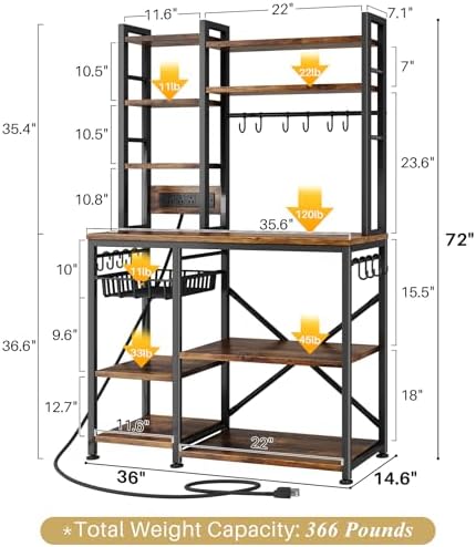 SNTD 6-Tier Bakers Rack with Power Outlets, 36 x 14.6 x 72 in, Rustic Brown - Image 3