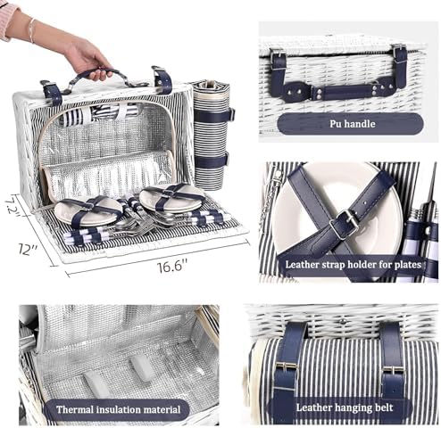 Picnic Basket for 4 with Waterproof Blanket, Blue & White Stripe - Image 5