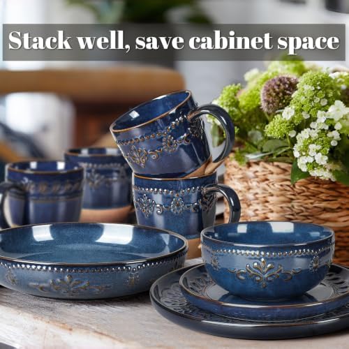 Artena 4-Piece Handcrafted Ceramic Dinnerware Set with Pasta Bowls, Service for 1 – Reactive Glaze Embossed Plates, Bowls & Mugs, Dishwasher & Microwave Safe, Blue, Damask Floral - Image 6
