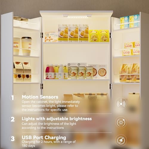 FJTJBSI 72" LED Kitchen Pantry Cabinet with 3 Drawers Farmhouse Tall Storage Cabinet Wood Food Pantry with Barn Doors and Adjustable Shelves Versatile Storage Freestanding Cupboard for Kitchen - Image 3