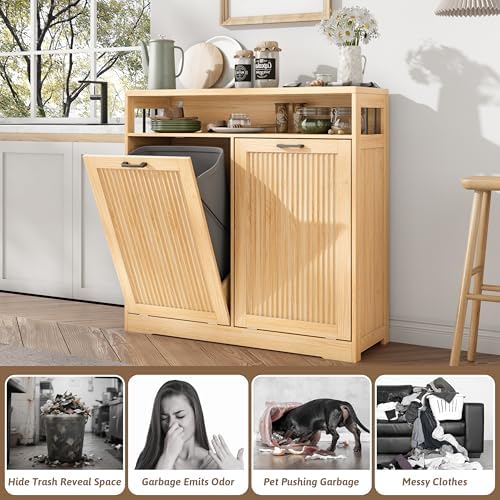 13 Gallon Double Tilt Out Trash Can Cabinet with Open Shelf & Storage - Pet Proof Hidden Recycling Cabinet & Wooden Laundry Hamper for Kitchen, Bathroom, Living Room, Natural Wood - Image 4