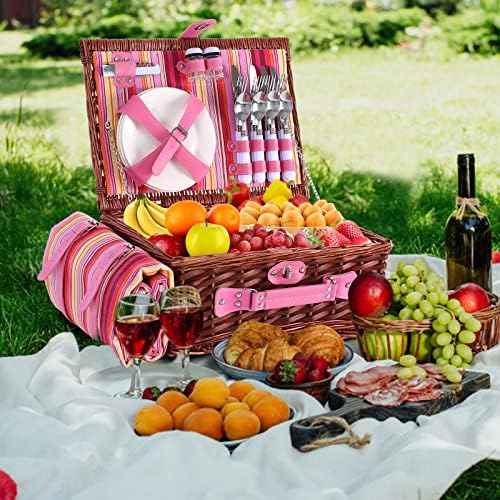 Wicker Picnic Basket for 4 with Waterproof Picnic Blanket and Insulated Cooler, Willow Hamper for Camping, Outdoors, Photoshoot, or a Birthday, Valentine’s Day, Wedding Gift, Pink - Image 4