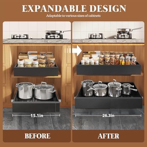 Seinloes 4 Pack Expandable Pull Out Cabinet Organizer 21"Deep With Raising Pad for Framed Cabinets,Upgrade 3 Slide Rails Slide Out Drawers,No Drill Roll Out Shelves,Adjustable Width 15.1"-26.3" Black - Image 4