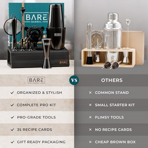 BARE BARREL® Mixology Bartender Kit Bar Set | 14-Piece Cocktail Shaker Set | Martini Barware Mixing Tools for Home Bartending | Incl. 35 Recipe Cards | Gift Set (28oz Boston Shaker, Jet Black/Black) - Image 6