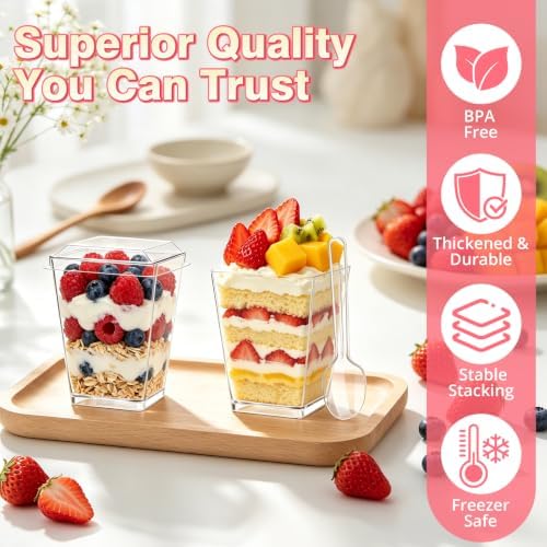 50 Pack 5oz Plastic Dessert Cups with Lids and Spoons, Clear Square - Image 5