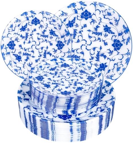 60 PCS Blue Plastic Plates - Blue Floral Plates - Disposable Decorative Plate Sets Include 30 Dinner & 30 Dessert Plate for Wedding Birthday Party Supplies by Joyido