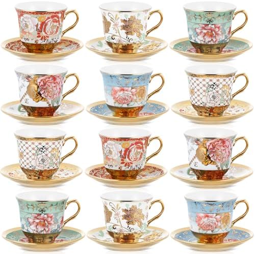 Teenyyou Set of 12 Tea Cups and Saucers, Stylish Style, 5.4 oz by Teenyyou