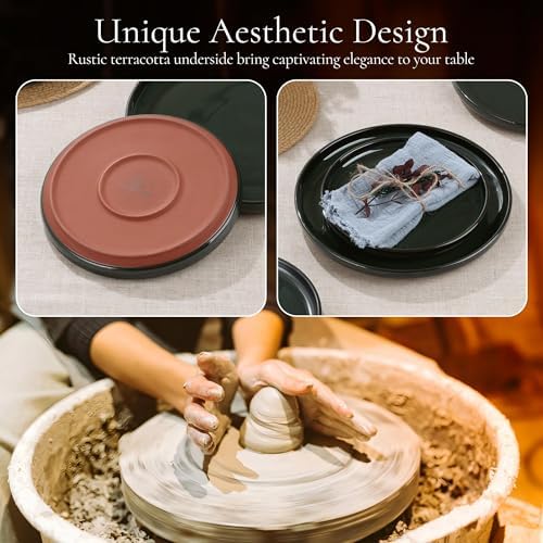 E-far Stoneware Dinnerware Sets for 2, 6 Pieces Reactive Glaze Plates and Bowls Sets, Elegant Dishes with Rustic Terracotta Base, Dishwasher & Microwave Safe, Scratch Resistant, Blackish Green - Image 6