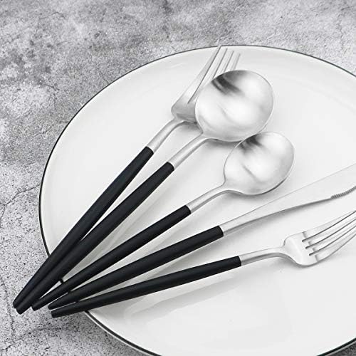 Black Handle Matte Silver Silverware Set - 5-Piece 18/10 Stainless Steel Satin Finish Flatware, Kitchen Utensils, Tableware Travel Cutlery for Camping Office Lunch - Dishwasher Safe - Image 5