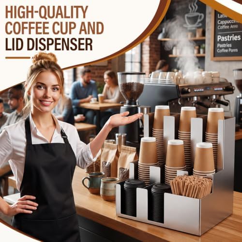 9 Compartment Stainless Steel Vertical Coffee Cup and Lid Dispenser - Image 4