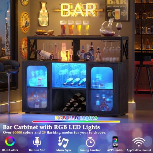 Aheaplus Bar Cabinet with Power Outlets, Liquor Cabinet with Led Lights and Glass Holder, Storage Buffet Cabinet Coffee Bar Cabinet for Liquor, Wine Cabinet with Racks for Home, Kitchen, Grey Oak - Image 5