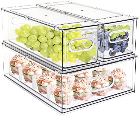 Set of 3 Stackable Refrigerator Organizer Bins Pull-Out Drawers for Fruit and Veggies Divided Storage Organizer for Fridge Clear Drawer Containers with Handle for Produce Saver, Eggs, Snack by MineSign
