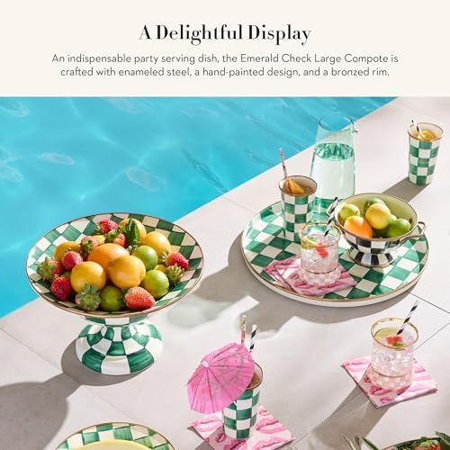 MACKENZIE-CHILDS Enamel Compote, Large, Green-and-White Emerald Check - Image 2