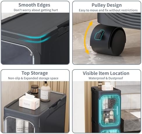 3 Tier Slim Bathroom Storage Cabinet, Foldable and Movable, Black - Image 5