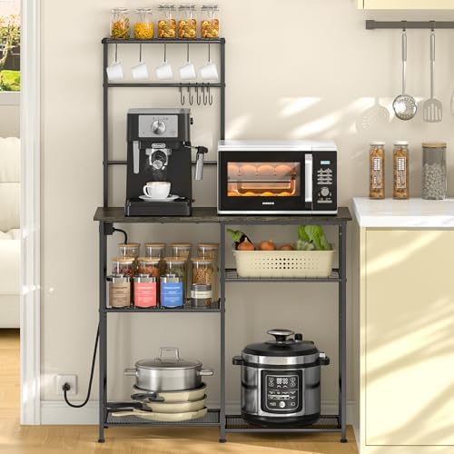 3IngSeagulls Bakers Rack with Power Outlet, Kitchen Microwave Stand with 10 S-shaped Hooks, 6-Tier Coffee Bar Station, Kitchen Storage Shelf Rack for Spices, Pots, Gray by 3IngSeagulls