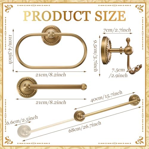4 Pcs Antique Brass Gold Bathroom Accessories Set Wall-Mounted Towel Rack & Towel Ring & Toilet Paper Holder & Robe Hook, Wall Mounted Brass Vintage Bath Hardware Fixture Set(Style 1) - Image 2