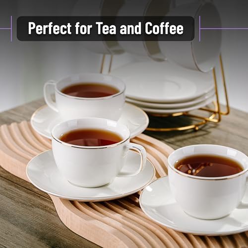 BTaT- Cappuccino Cups with Saucers 6 oz, Set of 6, White Porcelain Coffee Cup and Saucer Set for Latte with Golden Trim Design, Dishwasher Safe, Mocha, Tea, Au Lait, Flat White - Image 5