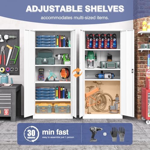 Metal Cabinet,71" Lockable Storage Cabinet with 2 Doors and 5 Adjustable Shelves,Tall Steel Cabinets for Garage,Home Office,Basement,School,Hospital(White) - Image 4