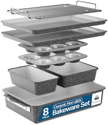 Bakken 8-Piece Stackable Bakeware Set – Ceramic Non-Stick, Oven-Safe Baking Sheets & Pans, PTFE/PFOA/PFOS-Free, Ergonomic Handles, Includes Cooling Rack – Healthy, Non-Toxic Baking Essentials by Bakken-Swiss