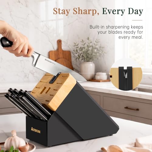 Knife Set,Astercook Kitchen Knife Set with Block 22-Piece Full Tang Stainless Steel Knives with Sharpener Dishwasher Safe and Anti-Slip Ergonomic Handle Elegant Black Utensils Set - Image 6