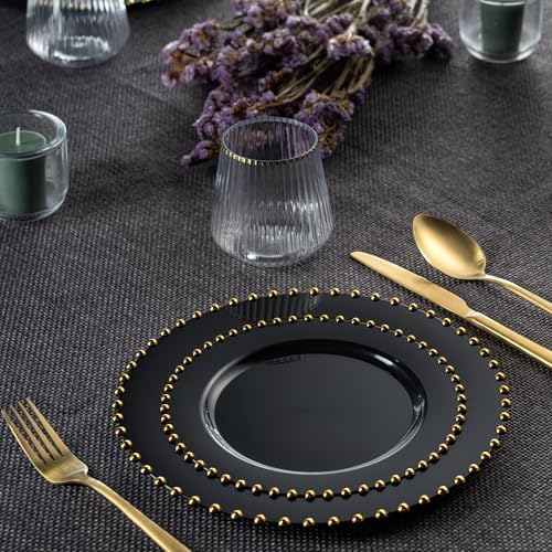 PLASTICPRO 64 Piece Combo Plastic Dinner Plates Disposable Plastic Fancy Heavy Duty Party Dishes 7 inch and 10 inch, Black and Gold Beaded - Image 2
