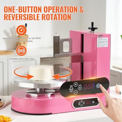 VEVOR Cake Decorating Machine, Cake Cream Spreading Coating Smearing Machine, Low Noise Cake Frosting Machine, Turntable with Adjustable Scraper, for 6" to 14" Cake, 25-320RPM Rotating Speed, Pink - Image 3